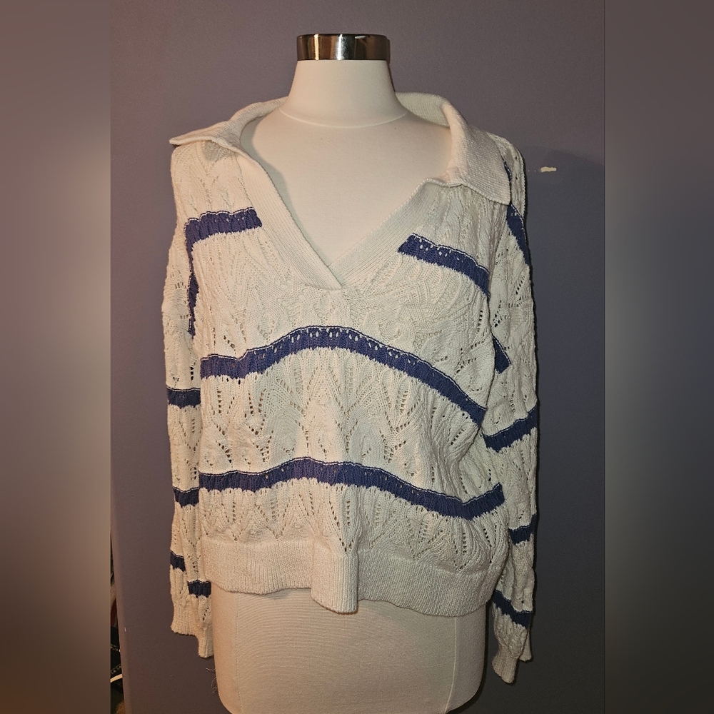 Crochet white and blue sweater